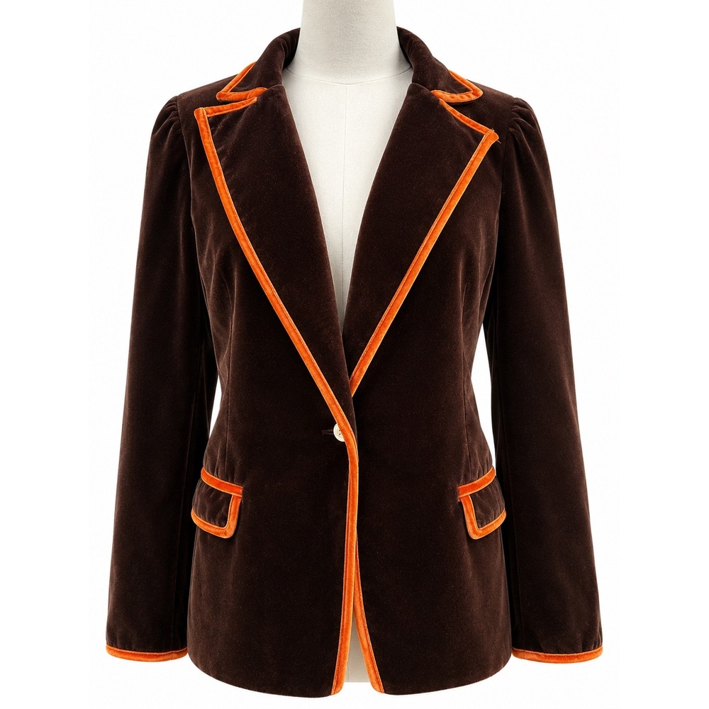 OYROSY NWT Brown Velvet Blazer Orange Contrast Trim Equestrian Dark Academia